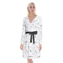 Birds Hand Drawn Outline Black And White Vintage Ink Long Sleeve Velvet Front Wrap Dress by genx
