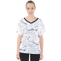 Birds Hand drawn Outline Black And White Vintage ink V-Neck Dolman Drape Top