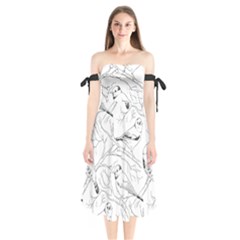 Birds Hand drawn Outline Black And White Vintage ink Shoulder Tie Bardot Midi Dress