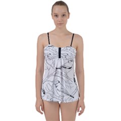 Birds Hand Drawn Outline Black And White Vintage Ink Babydoll Tankini Set by genx