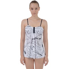 Birds Hand drawn Outline Black And White Vintage ink Babydoll Tankini Set