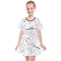 Birds Hand Drawn Outline Black And White Vintage Ink Kids  Smock Dress by genx