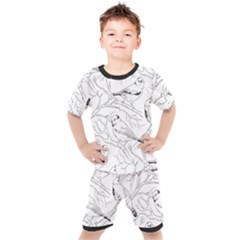 Birds Hand drawn Outline Black And White Vintage ink Kids  Tee and Shorts Set