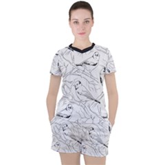 Birds Hand drawn Outline Black And White Vintage ink Women s Tee and Shorts Set