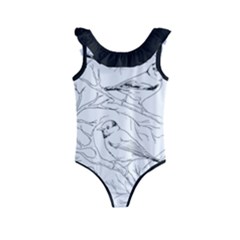 Birds Hand drawn Outline Black And White Vintage ink Kids  Frill Swimsuit