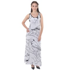 Birds Hand Drawn Outline Black And White Vintage Ink Sleeveless Velour Maxi Dress by genx