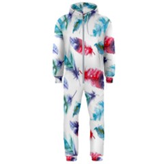 Feathers Boho Style Purple Red And Blue Watercolor Hooded Jumpsuit (men) 