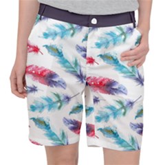 Feathers Boho Style Purple Red And Blue Watercolor Pocket Shorts by genx