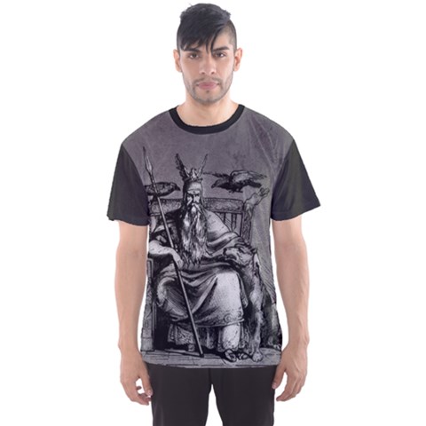 Odin On His Throne With Ravens Wolf On Black Stone Texture Men s Sports Mesh Tee by snek