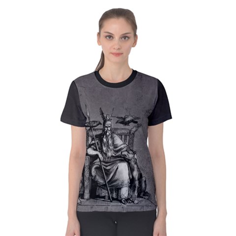 Odin On His Throne With Ravens Wolf On Black Stone Texture Women s Cotton Tee by snek