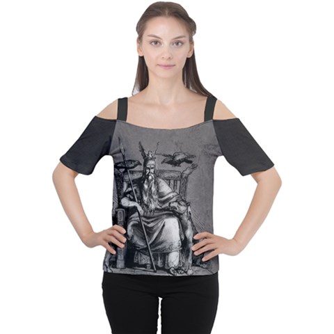 Odin On His Throne With Ravens Wolf On Black Stone Texture Cutout Shoulder Tee by snek