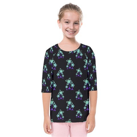 Dark Floral Drawing Print Pattern Kids  Quarter Sleeve Raglan Tee by dflcprintsclothing