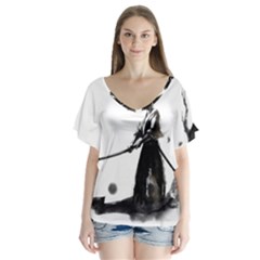 Japan Samurai Drawing   Warrior V-neck Flutter Sleeve Top by Sudhe