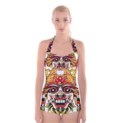 Bali Barong Mask Euclidean Vector Chiefs Face Boyleg Halter Swimsuit 