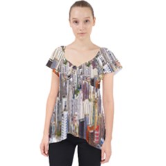 Hong Kong Skyline Watercolor Painting Poster Lace Front Dolly Top by Sudhe