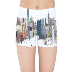 Hong Kong Skyline Watercolor Painting Poster Kids  Sports Shorts by Sudhe