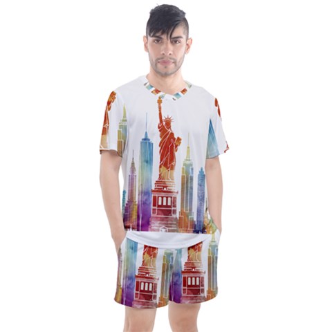 New York City Poster Watercolor Painting Illustrat Men s Mesh Tee And Shorts Set by Sudhe