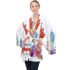 New York City Poster Watercolor Painting Illustrat Velvet Kimono Robe