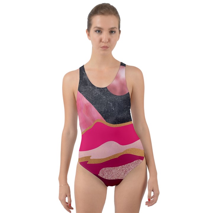 Pink and black abstract mountain landscape Cut-Out Back One Piece Swimsuit