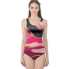 Pink And Black Abstract Mountain Landscape One Piece Swimsuit