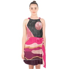 Pink And Black Abstract Mountain Landscape Halter Collar Waist Tie Chiffon Dress by charliecreates
