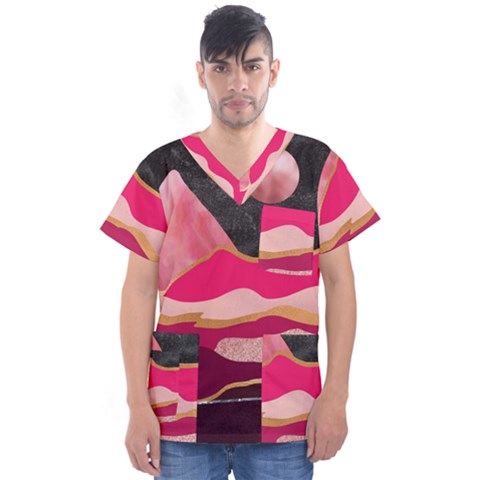 Pink And Black Abstract Mountain Landscape Men s V-neck Scrub Top by charliecreates