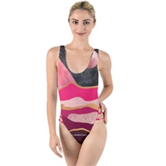 Pink And Black Abstract Mountain Landscape High Leg Strappy Swimsuit