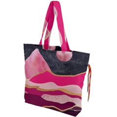 Pink And Black Abstract Mountain Landscape Drawstring Tote Bag by charliecreates