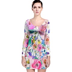 Lovely Pinky Floral Long Sleeve Velvet Bodycon Dress by wowclothings