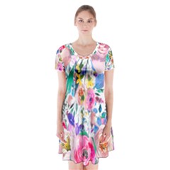 Lovely Pinky Floral Short Sleeve V-neck Flare Dress by wowclothings