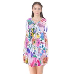 Lovely Pinky Floral Long Sleeve V-neck Flare Dress by wowclothings