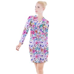 Lovely Pinky Floral Button Long Sleeve Dress