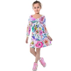 Lovely Pinky Floral Kids  Long Sleeve Velvet Dress