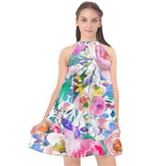 Lovely Pinky Floral Halter Neckline Chiffon Dress  by wowclothings