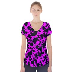 Black And Pink Leopard Style Paint Splash Funny Pattern Short Sleeve Front Detail Top by yoursparklingshop