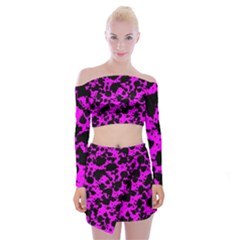 Black And Pink Leopard Style Paint Splash Funny Pattern Off Shoulder Top With Mini Skirt Set by yoursparklingshop