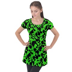 Black And Green Leopard Style Paint Splash Funny Pattern Puff Sleeve Tunic Top by yoursparklingshop