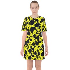 Black And Yellow Leopard Style Paint Splash Funny Pattern  Sixties Short Sleeve Mini Dress by yoursparklingshop