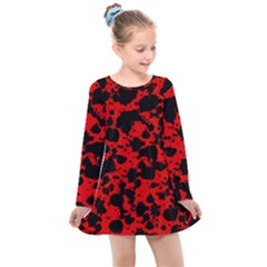 Black And Red Leopard Style Paint Splash Funny Pattern Kids  Long Sleeve Dress by yoursparklingshop