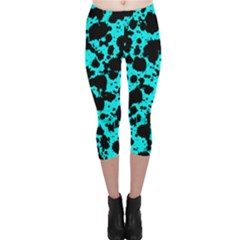 Bright Turquoise And Black Leopard Style Paint Splash Funny Pattern Capri Leggings  by yoursparklingshop