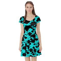 Bright Turquoise And Black Leopard Style Paint Splash Funny Pattern Short Sleeve Skater Dress by yoursparklingshop