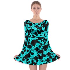 Bright Turquoise And Black Leopard Style Paint Splash Funny Pattern Long Sleeve Skater Dress by yoursparklingshop