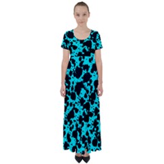 Bright Turquoise And Black Leopard Style Paint Splash Funny Pattern High Waist Short Sleeve Maxi Dress by yoursparklingshop