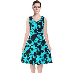Bright Turquoise And Black Leopard Style Paint Splash Funny Pattern V-neck Midi Sleeveless Dress  by yoursparklingshop
