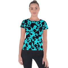 Bright Turquoise And Black Leopard Style Paint Splash Funny Pattern Short Sleeve Sports Top  by yoursparklingshop