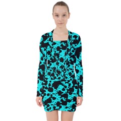 Bright Turquoise And Black Leopard Style Paint Splash Funny Pattern V-neck Bodycon Long Sleeve Dress by yoursparklingshop