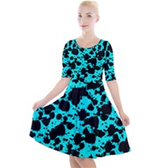 Bright Turquoise And Black Leopard Style Paint Splash Funny Pattern Quarter Sleeve A-line Dress