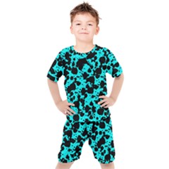 Bright Turquoise And Black Leopard Style Paint Splash Funny Pattern Kids  Tee And Shorts Set by yoursparklingshop