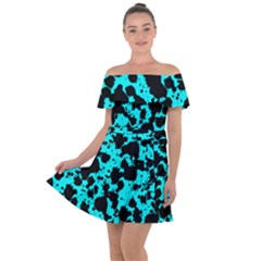 Bright Turquoise And Black Leopard Style Paint Splash Funny Pattern Off Shoulder Velour Dress by yoursparklingshop