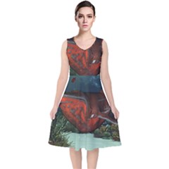 Awesome Mechanical Whale In The Deep Ocean V-neck Midi Sleeveless Dress  by FantasyWorld7